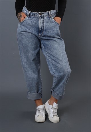 HIGH WAISTED DENIM JEANS TAPERED LEG UK 16-18 VINTAGE (B63O)