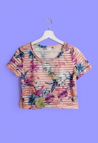 VINTAGE 90'S Y2K FLORAL PATTERN CROP TOP SEE-THROUGH STRIPES