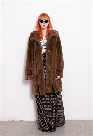 VINTAGE 90S FAUX FUR COAT BROWN CHOCOLATE TEDDY