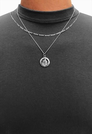 SAINT CHRISTOPHER PENDANT 3MM FIGARO NECKLACE CHAIN - SILVER