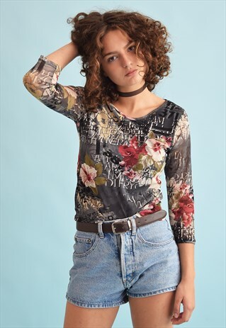 90'S RETRO SLOGAN FLORAL PRINT KITSCH MESH PARTY TOP