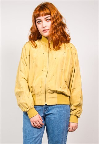 VINTAGE 90'S MUSTARD YELLOW GOLD STUDDED BOMBER JACKET