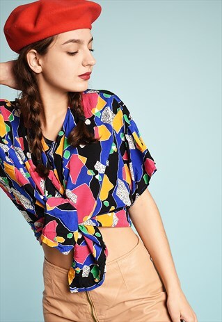 80'S RETRO COLOUR BLOCK ABSTRACT PRINT BLOUSE TOP
