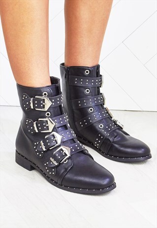 LISSY BLACK STUDDED BUCKLE ANKLE BOOTS