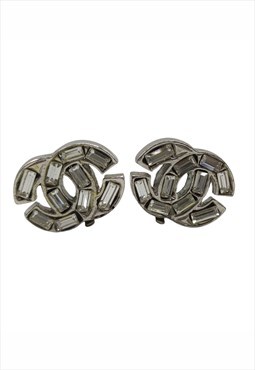 Vintage Chanel Logo CC Earrings, silver, Crystal Baguette