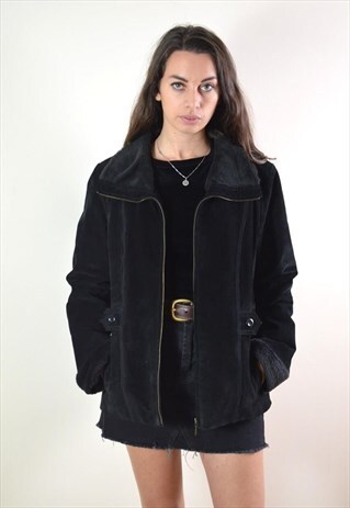 1990S VINTAGE SUEDE LEATHER BLACK FAUX FUR COLLAR JACKET