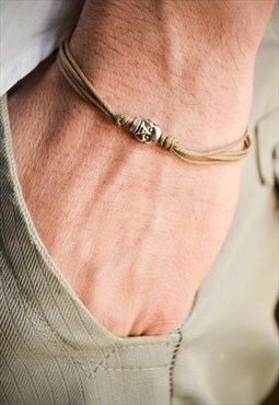 Skull bracelet mens bracelet with silver skull brown cord