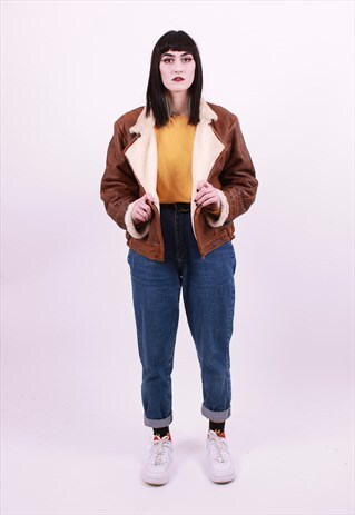 VINTAGE 80'S BROWN SOFT LEATHER FLYING AVIATOR JACKET MEDIUM