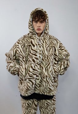 Zebra fleece striped jacket detachable faux fur animal coat