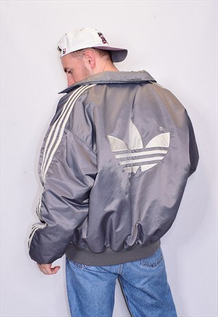 VINTAGE 90S OG ADIDAS GREY EMBROIDERED BOMBER JACKET