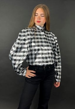 80's Silver Black Metallic Oversized Lame Long Sleeve Blouse