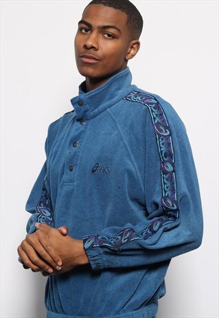 VINTAGE ASICS TAPE LOGO FLEECE 1/4 ZIP BLUE