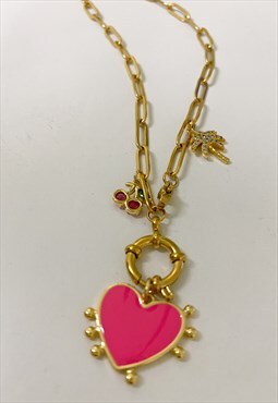 Gold Plated Paperclip Necklace with Heart, Cherry & Palm