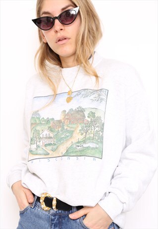 VINTAGE 90S GREY USA LANDSCAPE SWEATER JUMPER