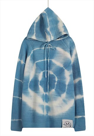OVERSIZE GRADIENT KNIT JUMPER TIE-DYE HOODED SWEATER IN BLUE