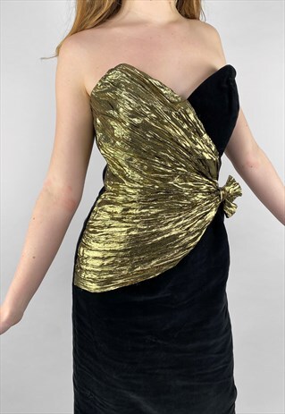 Radley Vintage 80's Black Gold Strapless Evening Party Dress