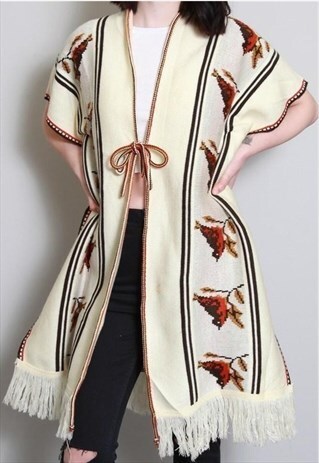 VINTAGE 1970'S CREAM AND BROWN PATTERNED FESTIVAL CAPE