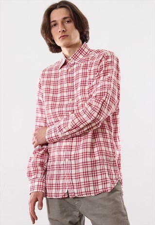 VINTAGE MENS BURBERRY PLAID LINEN LONG SLEEVE CASUAL SHIRT