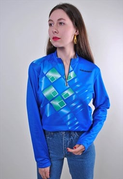 90s abstract print blue zipped up sport shirt, Size L