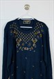 VINTAGE KNITTED JUMPER BLUE WITH FLOWER PATTERN