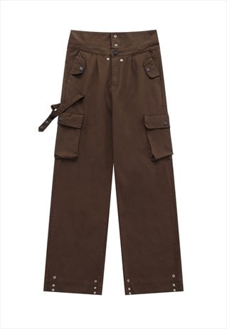 HIGH WAIST PARACHUTE JOGGERS CARGO POCKET PANTS IN BROWN