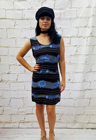 VINTAGE BLACK & BLUE PRINT SLEEVELESS DRESS