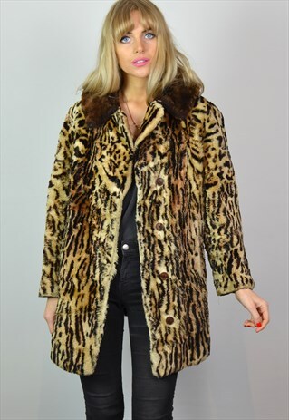 PREMIUM VINTAGE 60S BROWN & LEOPARD PRINT FAUX FUR COAT