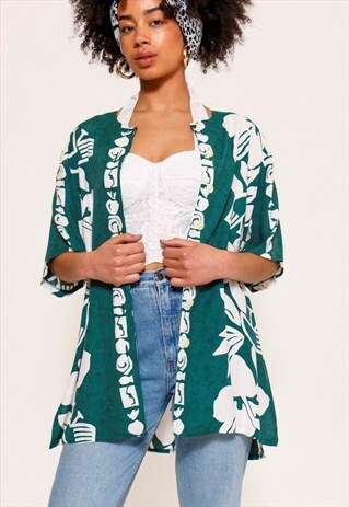 VINTAGE 90'S GREEN HAWAIIAN PRINT BLOUSE
