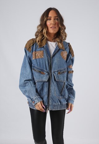 DENIM JACKET BOMBER LONGLINE OVERSIZED VINTAGE UK 18 (HK7U)