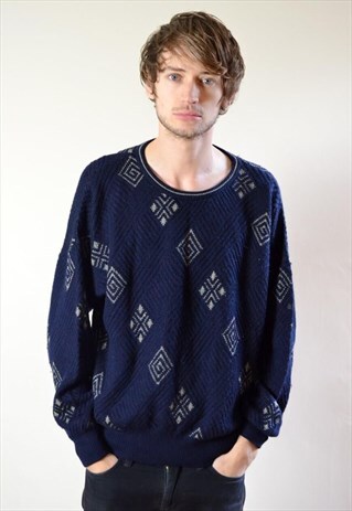 80S VINTAGE NAVY BLUE PATTERN PURE NEW WOOL KNIT JUMPER