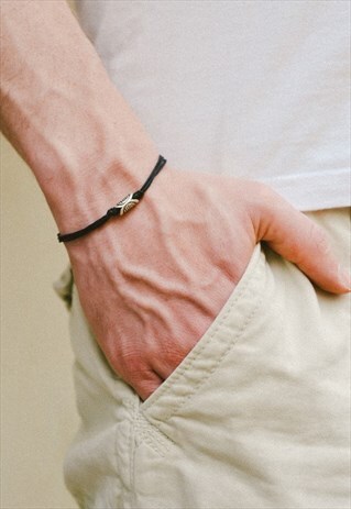 MEN'S BRACELET SILVER STRIPED TUBE BEAD BLACK CORD FOR MAN