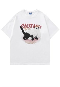 Ghost cat t-shirt retro cartoon tee grunge raver top white