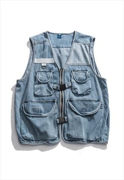 Denim gilet vest jean cargo jacket sleeveless bomber blue