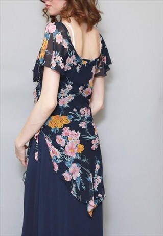 VINTAGE 1970'S PRETTY BLUE FLORAL PRINT LAYERED MAXI DRESS