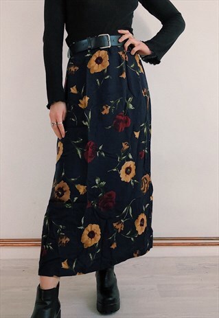 VINTAGE 90S DARK NAVY AUTUMNAL BURGUNDY FLORAL MIDI SKIRT
