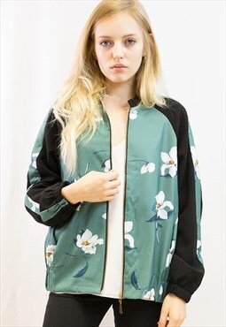 Green  floral print casual smart bomber jacket CY