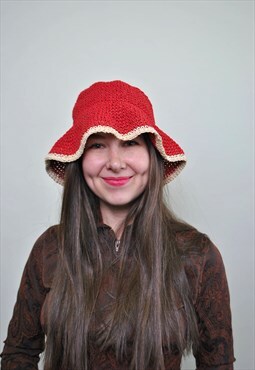 Vintage knitted bucket hat, 80s women red knit sun hat