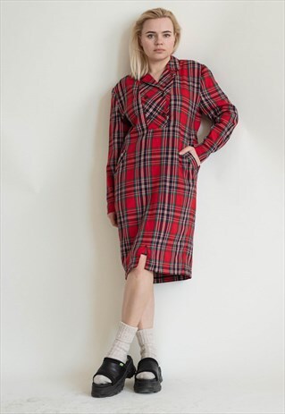 VINTAGE 80S SECRETARY LONG SLEEVE MIDI WOOL DRESS TARTAN S