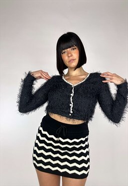 Vintage 2000s Cropped Cardigan With Faux Fur And Pearls 
