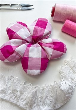 Pink Gingham Taffeta Oversize Flower Scrunchie