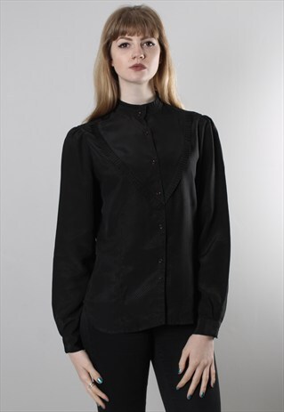 VINTAGE 80S BLACK HIGH NECK PLEAT TEXTURED BLOUSE TOP
