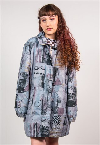 VINTAGE 90'S GREY ABSTRACT PATTERN OVERSIZED PARKA COAT