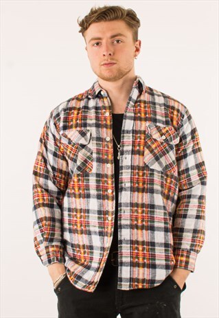 VINTAGE WHITE YELLOW FLANNEL QUILTED JACKET MEDIUM