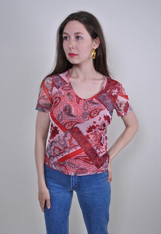 BUTA PRINT RED PULLOVER BLOUSE, SIZE S