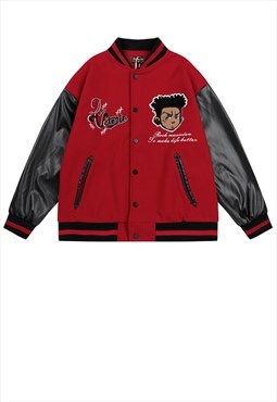 Grunge college jacket faux leather sleeve hiphop varsity red