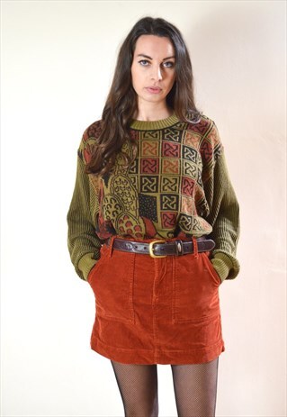 80S VINTAGE GREEN & DARK RED ABSTRACT PATTERN KNIT JUMPER