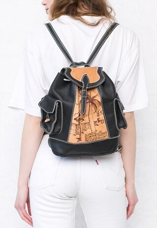VINTAGE BLACK AND BROWN LEATHER RUCKSACK BACKPACK