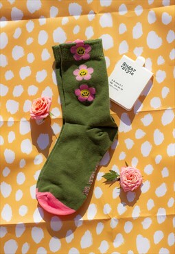 Green and Pink Three Flower Smiley Socks