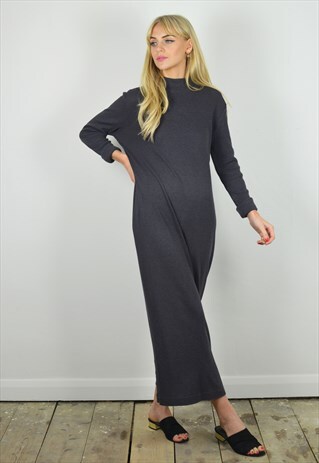 VINTAGE 90S DARK GREY RIBBED KNITTED MAXI JUMPER DRESS