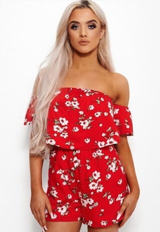 MOTEL RED FLORAL BARDOT PLAYSUIT